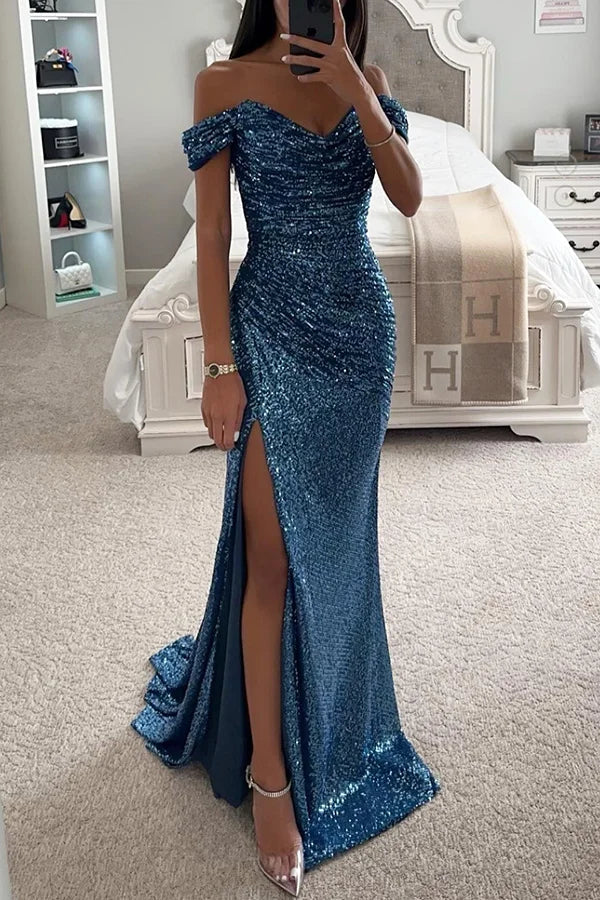 Damska Sukienka Maxi Off Shoulder z Cekinami i Rozcięciem