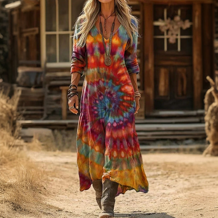 Evelyn | Vintage Tie Dye Długa Sukienka Casual