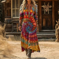 Evelyn | Vintage Tie Dye Sukienka z Długim Rękawem w Stylu Casual