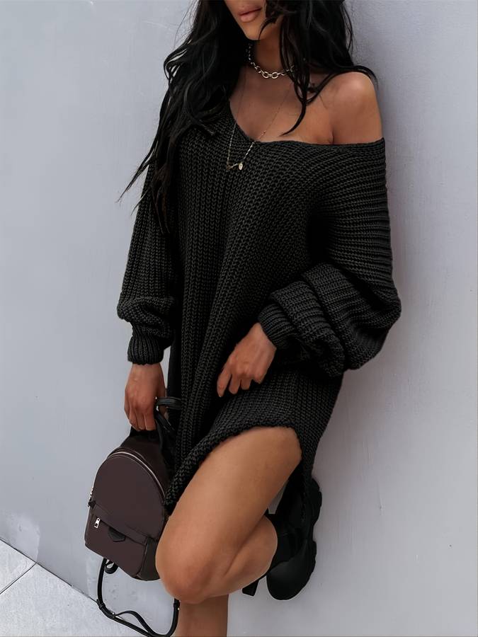 Damska Oversizowa Sukienka Dzianinowa V-Neck Mini