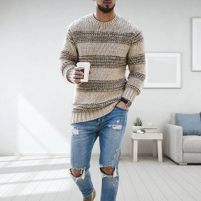 Męski Sweter z Dzianiny w Paski z Okrągłym Dekoltem