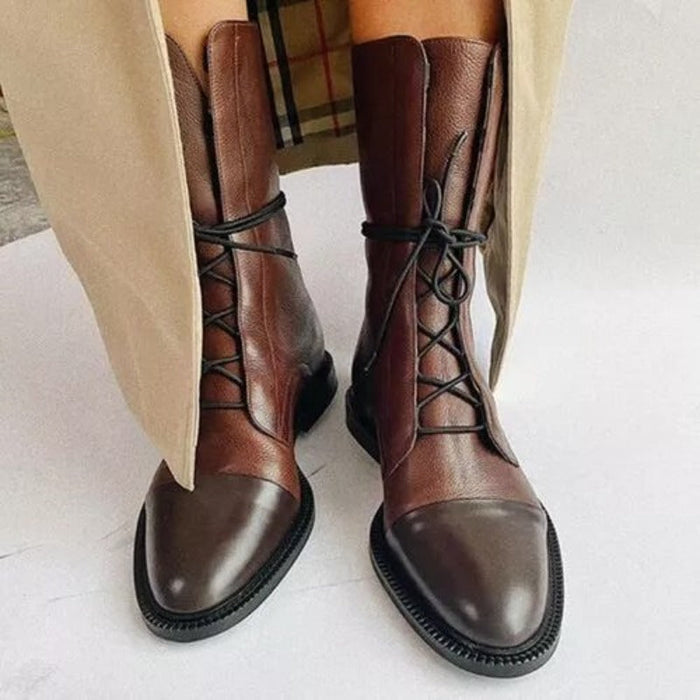 Damskie Sznurowane Botki do Łydki w Stylu Vintage