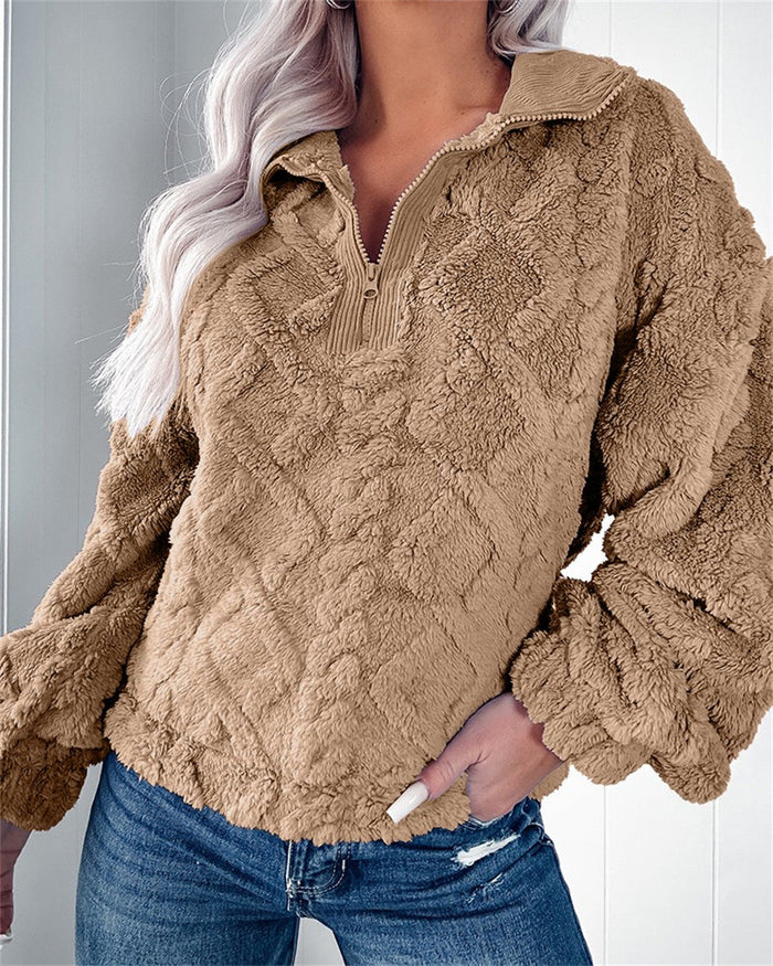 Damski Pluszowy Sweter z Zamkiem i Stójką na Jesień