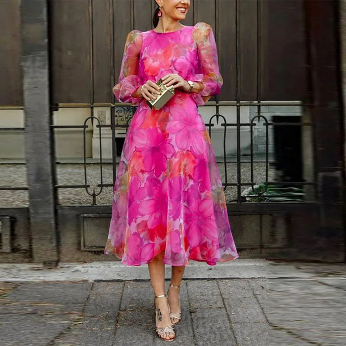 Maxine | Elegancka Kwiatowa Sukienka Midi z Długim Rękawem