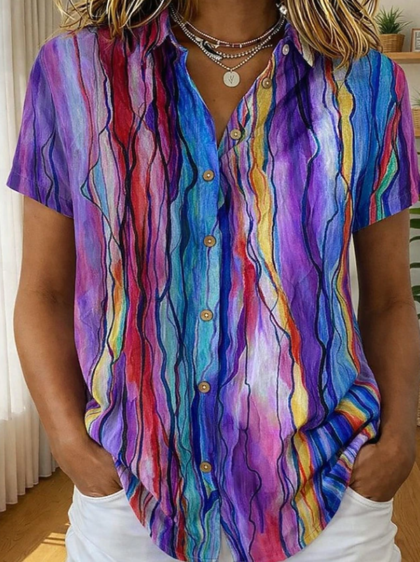 Santoria| Casual Boho Stripe Koszula Krótki Rękaw