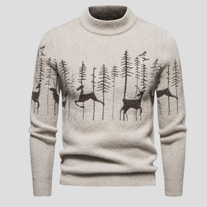 Męski Sweter z Golfem Wzór Lasu i Jeleni na Święta