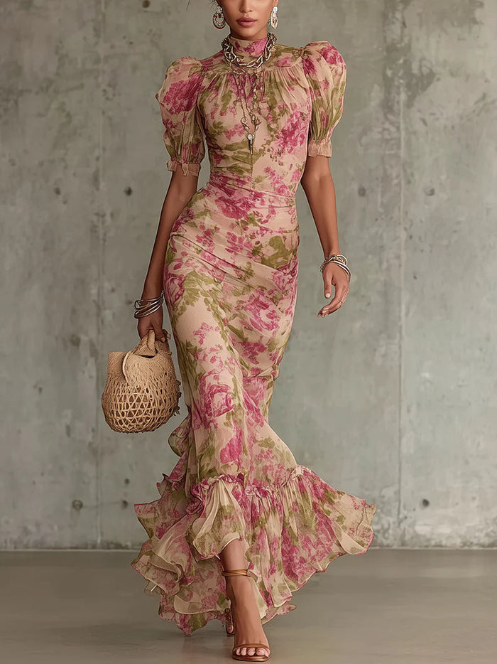 Clementine | Maxi Sukienka z Vintage Puff Rękawami