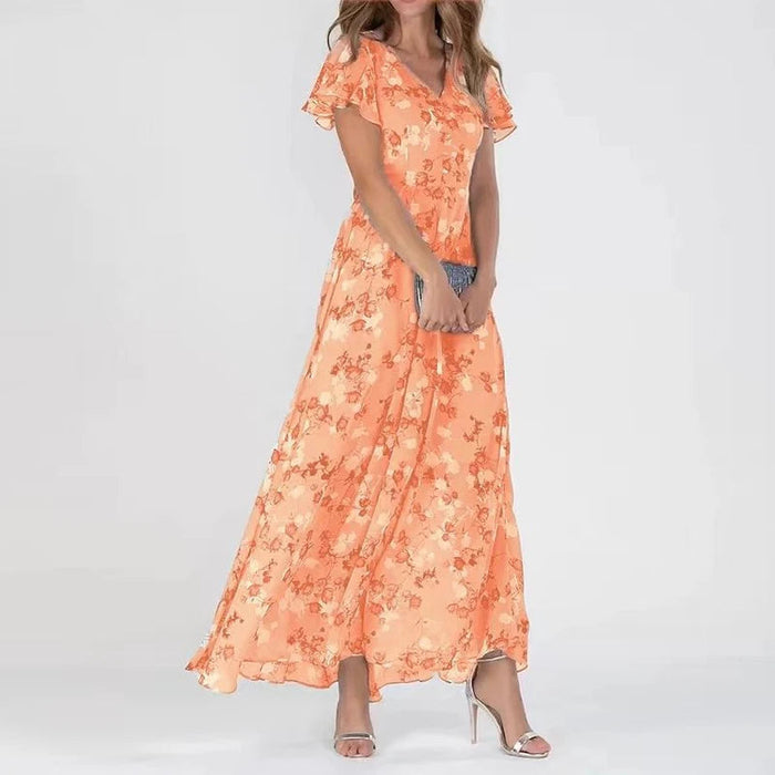 Noelle | Elegancka Sukienka w Kwiaty z Krótkim Rękawem