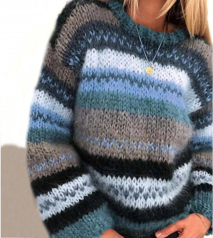 Damski Sweter w Paski z Okrągłym Dekoltem do Zimy