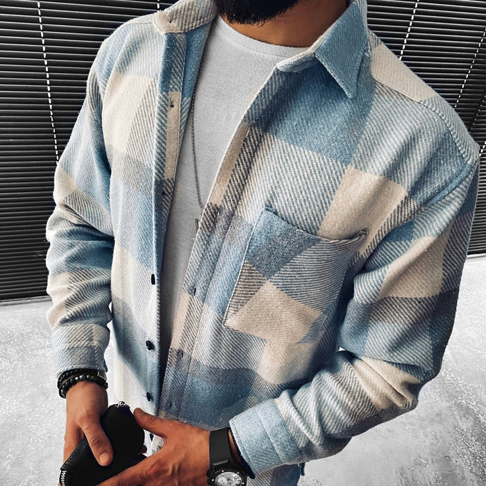 Męska Koszula Typu Overshirt w Niebiesko-Beżową Kratę